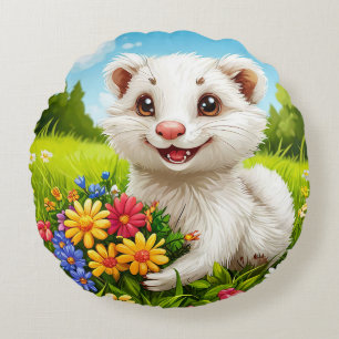 🐾 Süße weiße Frettchen-Rund-Plüsch-Dekoration Rundes Kissen