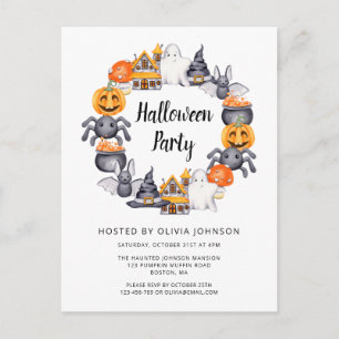 Süße weiße fröhliche Halloween-Illustrationsparty Einladungspostkarte