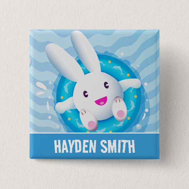 Süße weiße Häschen-Poolparty personalisiert Button (Vorderseite)