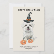 Süße weiße Hund Halloween-Karte | Hexenhut Kürbis