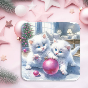 Süße weiße Kätzchen rosa Weihnachten Quadratischer Aufkleber