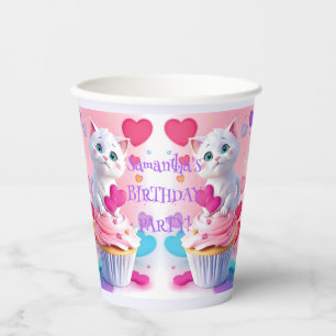 Süße weiße Katze & Cupcake Mädchen-Geburtstagsfeie Pappbecher