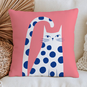 Süße weiße Katze in blauen Tupfen Pastellrosa  Kissen