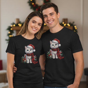 Süße weiße Katze in Santa-Hut und -Schal Weihnacht T-Shirt