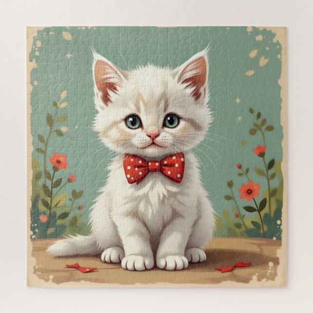 Süße weiße Katze mit Fliege Puzzle (Vertikal)