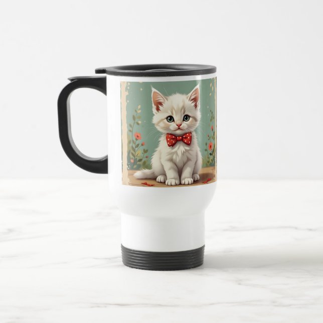 Süße weiße Katze mit Fliege Reisebecher (Links)