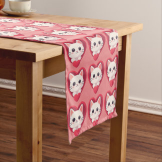 Süße weiße Katze mit Herz Kawaii Kitty Liebesdesig Kurzer Tischläufer