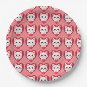 Süße weiße Katze mit Herz Kawaii Kitty Liebesdesig Pappteller