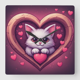 Süße weiße Katze mit Herz Kawaii Kitty Liebesdesig Quadratische Wanduhr
