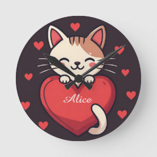 Süße weiße Katze mit Herz Kawaii Kitty Liebesdesig Runde Wanduhr