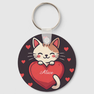 Süße weiße Katze mit Herz Kawaii Kitty Liebesdesig Schlüsselanhänger