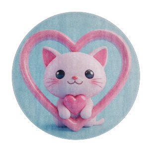 Süße weiße Katze mit Herz Kawaii Kitty Liebesdesig Schneidebrett