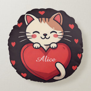 Süße weiße Katze mit Herz Kawaii Kitty Love Design Rundes Kissen
