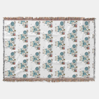 Süße weiße Katze strickt blaue Wolle Hobby Grafik Decke