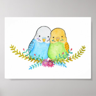 Süße Wellensittiche mit Blumen Sittich Haustier-Po Poster