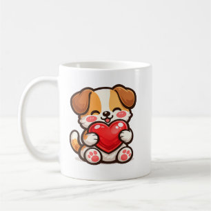 Süße Welpen-Herz-Tasse – Kawaii-Hund umarmt rotes Kaffeetasse