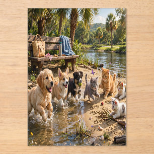 Süße Welpen & Katzen am Fluss Abenteuer Acryleinladungen