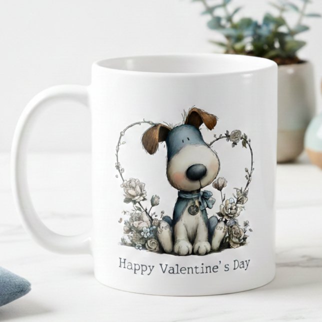 Süße Welpen-Valentins-Tasse Kaffeetasse (blue watercolor cartoon puppy dog happy valentines day mug)