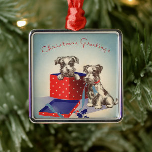 Süße Welpen, Vintage-Weihnachtsgrüße Silbernes Ornament