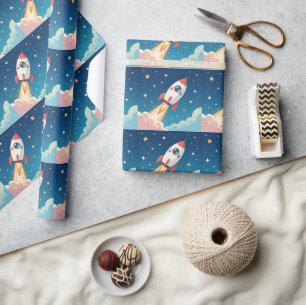 Süße Weltraumrakete beim Start Geschenkpapier