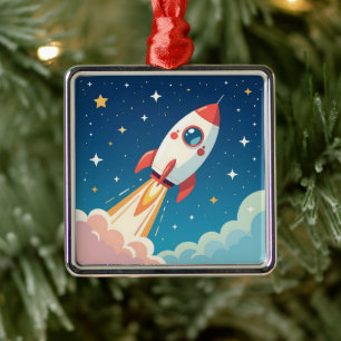 Süße Weltraumrakete beim Start Ornament Aus Metall