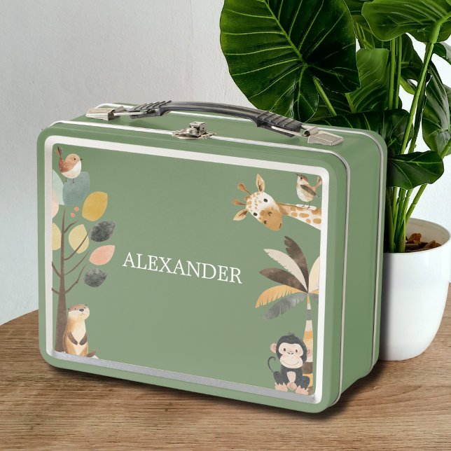 Süße Wildtiere Metall Brotdose (cute animals giraffe safari green lunch box, customizable with name, back to school essentials)