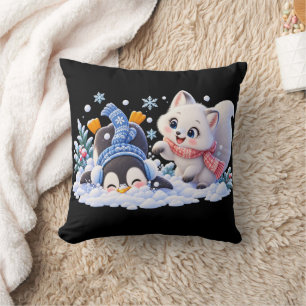 Süße Winter-Arktis-Füchsin und Pinguin spielen im Kissen