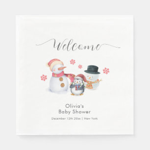 Süße Winter-Pinguin-Schneemann-Baby-Shower-Willkom Serviette