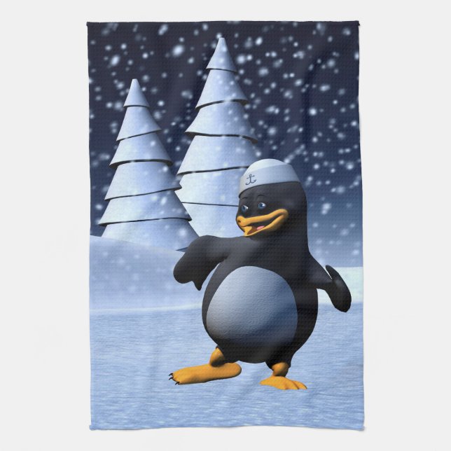 Süße Winter-Seemann-Pinguin-Schnee-Feiertag-Kunst Geschirrtuch (Vertikal)