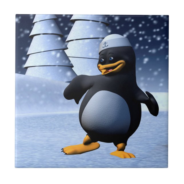 Süße Winter-Seemann-Pinguin-Schnee-Feiertagskunst Fliese (Vorderseite)