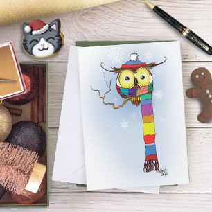 Süße Wintereule Regenbogenschal Hut Whimsical Schn Feiertagskarte
