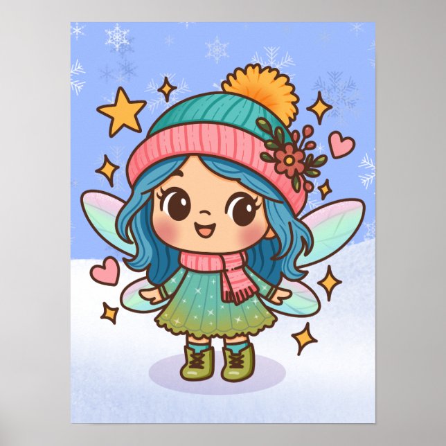 Süße Winterfee Kawaii Pastell Fantasy Kunst Poster (Vorne)