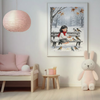 Süße Wintermädchen-Fütterung-Vögel-Kinderzimmer-Wa Poster