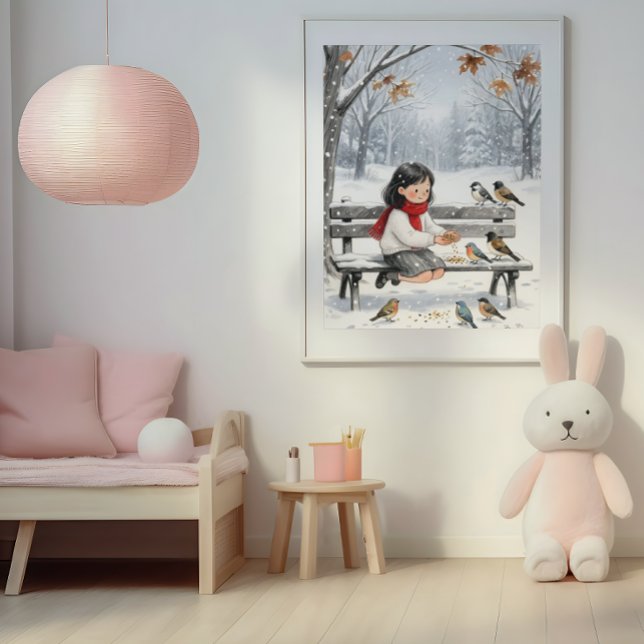 Süße Wintermädchen-Fütterung-Vögel-Kinderzimmer-Wa Poster (Cozy Winter Wall Art Girl and Birds Nursery Room Decor Print)