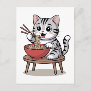 Süße Zeichentrickkatze, die Nudeln mit chinesische Feiertagspostkarte