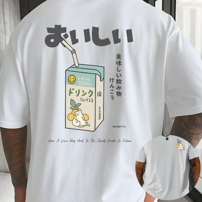 Süße Zitronensaft-Box-Katze japanische Ästhetik T-Shirt (Von Creator hochgeladen)