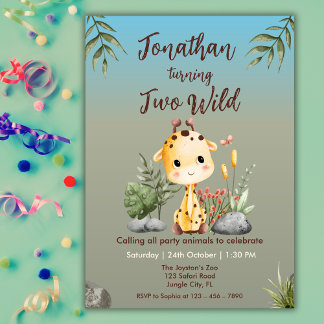 Süße zwei wilde Safari-Giraf-Kinder 2. Geburtstag Einladung