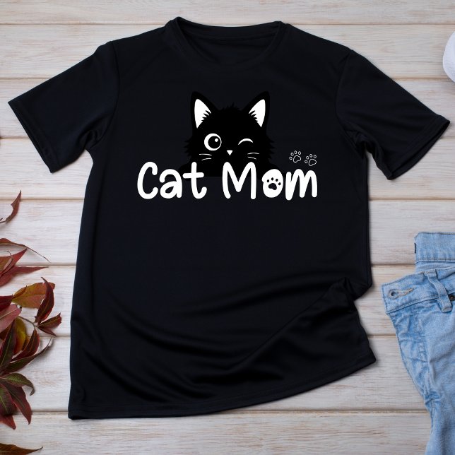 Süße zwinkernde schwarze Katzenmutter T-Shirt (Cute Winking Black Cat Mom T-Shirt)