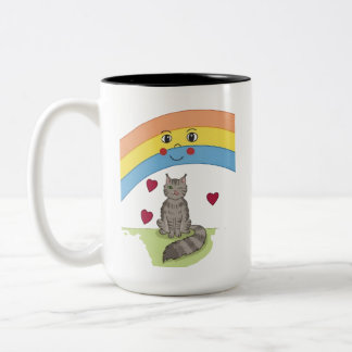 Süße zwinkernden Katze unter lächelndem Regenbogen Zweifarbige Tasse