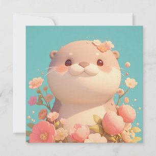 Süßer 3D-Ton-Otter im rosa Blumen-Garten-Postkarte