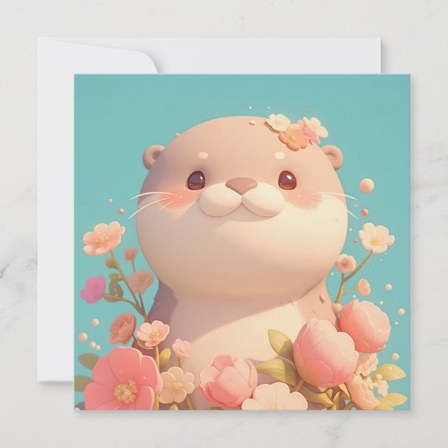 Süßer 3D-Ton-Otter im rosa Blumen-Garten-Postkarte (Vorderseite)