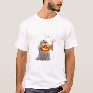 Süßer 3D winkender Geist mit leuchtendem Kürbislat T-Shirt