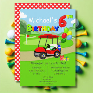Süßer 6. Geburtstag roter Golfwagen Junge Einladung