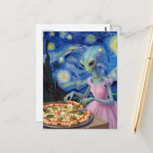 Süßer Alien im rosa Kleid isst Pizza Faux Van Gogh Postkarte
