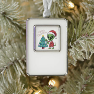 Süßer Alien Weihnachtsmann Lustiger Weihnachtsurla Rahmen-Ornament Silber
