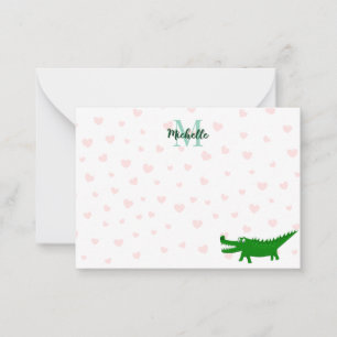 Süßer Alligator Rote Herzen Liniierte Personalisie Mitteilungskarte