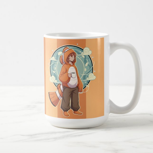 Süßer Anime-Junge im Kostüm eines Clownfisches bei Kaffeetasse (Rechts)