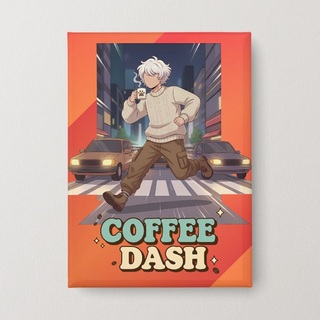 Süßer Anime-Junge läuft in der Stadt mit Kaffee Button (Vorderseite)