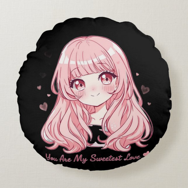 Süßer Anime-Valentinstag-Pullover Rundes Kissen (Vorderseite)