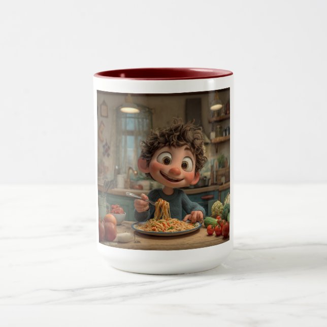 Süßer animierter Junge isst Spaghetti-Pasta-Kaffee Tasse (Zentrum)